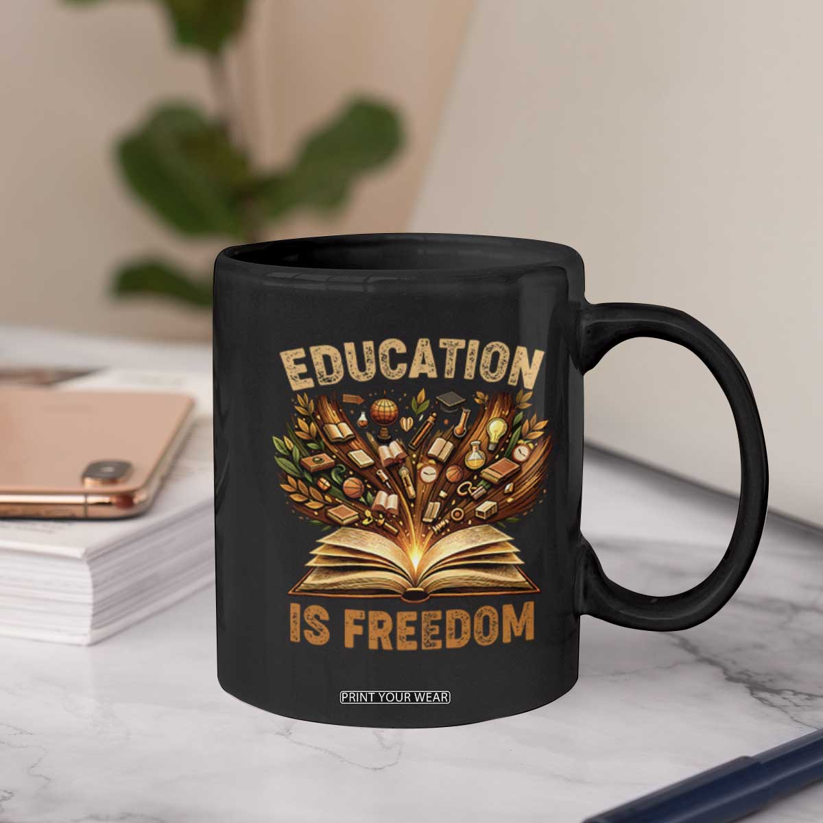 Black History Education Is Freedom Coffee Mug Retro Books Afro African American Heritage TS10 Print Your Wear