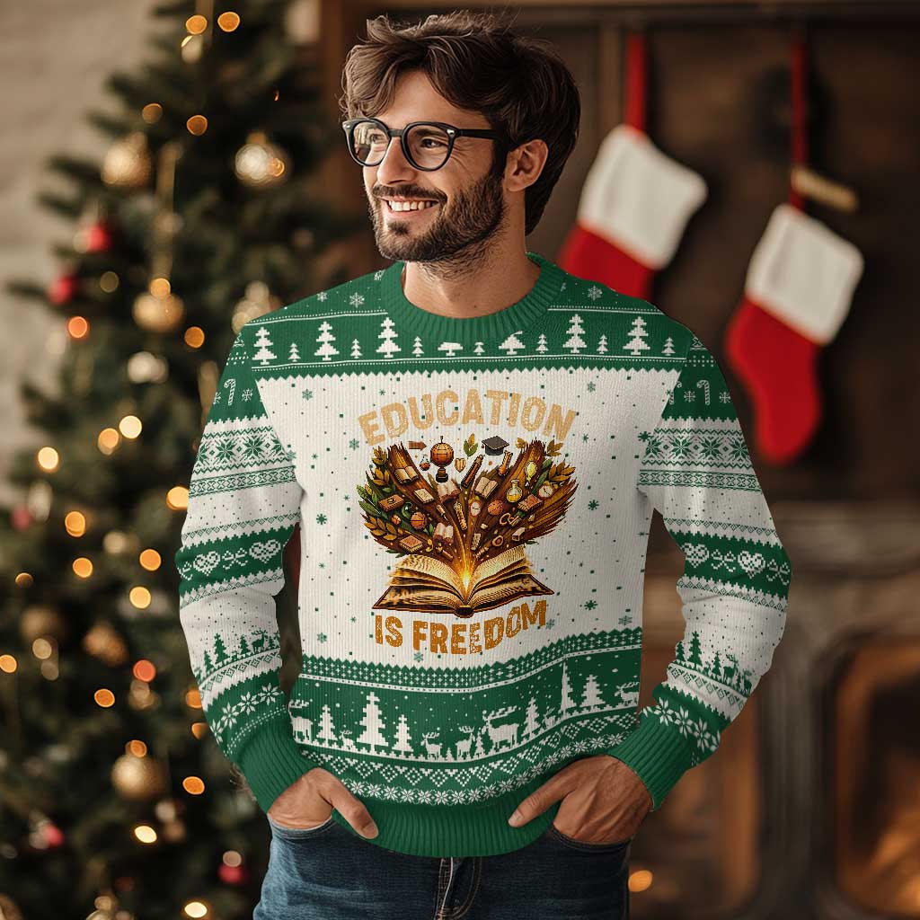 Black History Education Is Freedom Ugly Christmas Sweater Retro Books Afro African American Heritage TS10 Beige Green Print Your Wear
