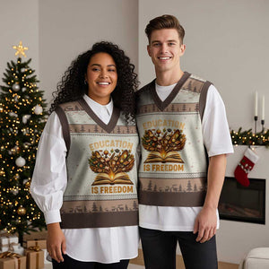 Black History Education Is Freedom V-Neck Knit Sweater Vest Retro Books Afro African American Heritage TS10 Mocha Mousse Print Your Wear