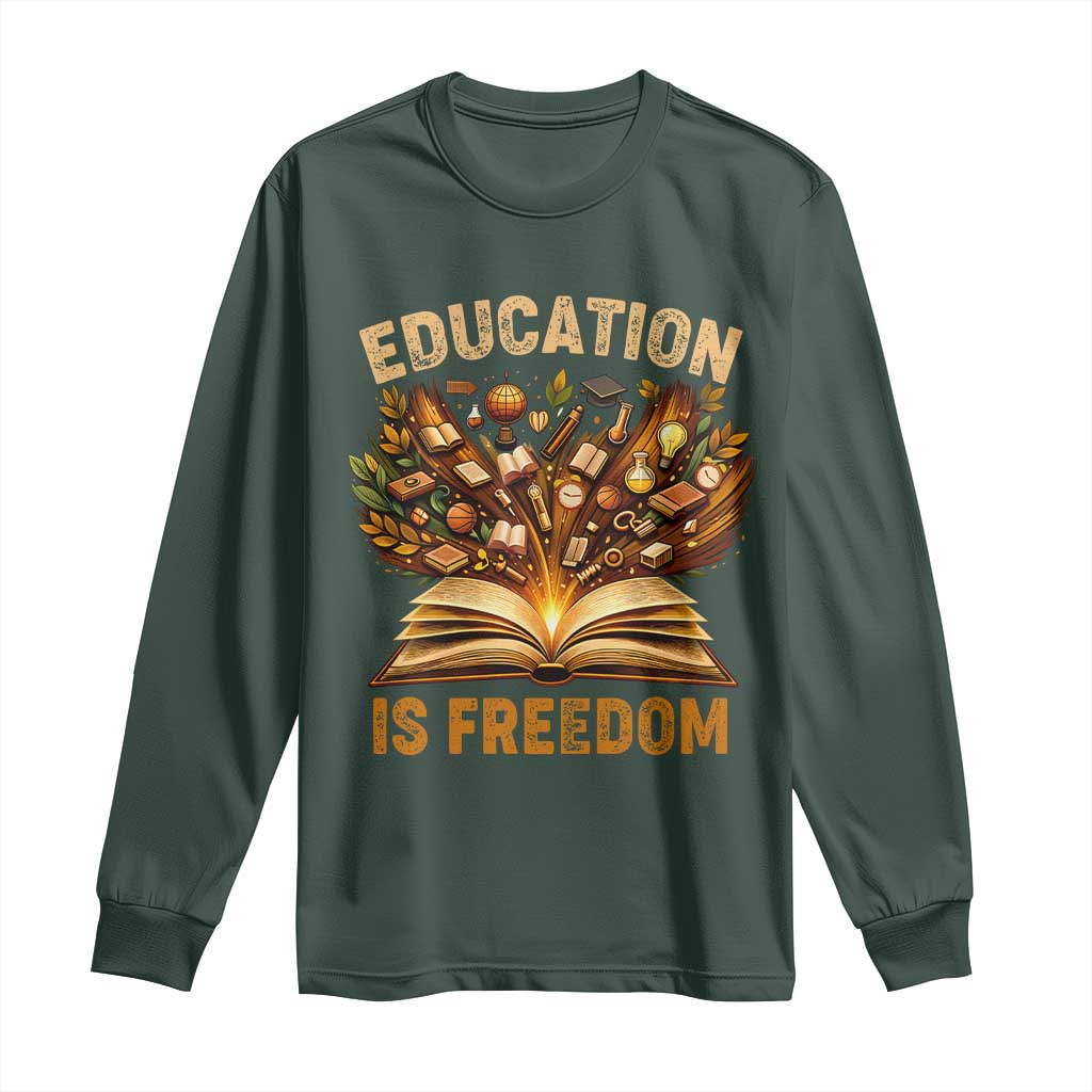 Black History Education Is Freedom Long Sleeve Shirt Retro Books Afro African American Heritage TS10 Dark Forest Green Print Your Wear