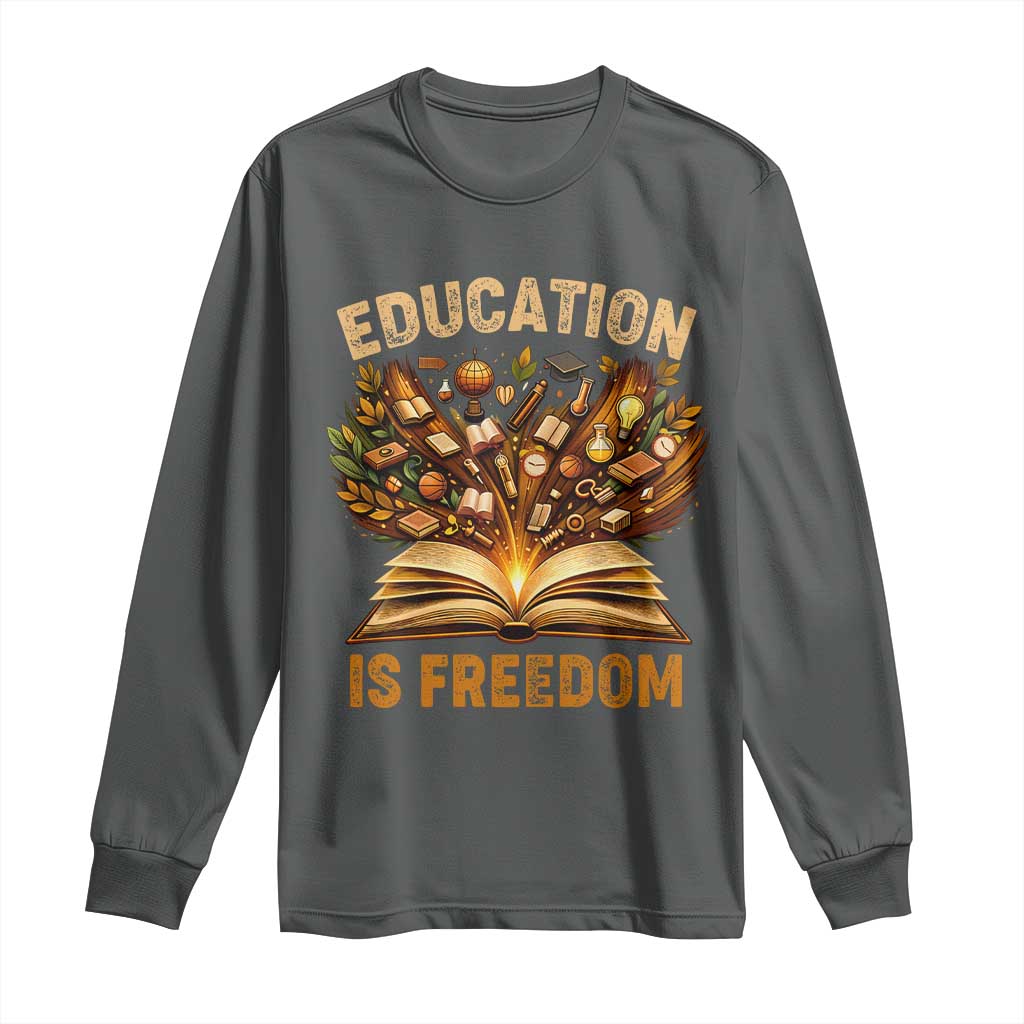 Black History Education Is Freedom Long Sleeve Shirt Retro Books Afro African American Heritage TS10 Dark Heather Print Your Wear