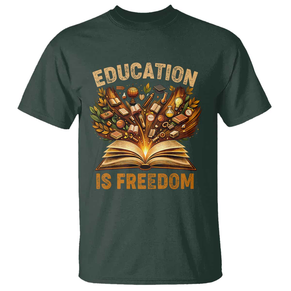Black History Education Is Freedom T Shirt Retro Books Afro African American Heritage TS10 Dark Forest Green Print Your Wear