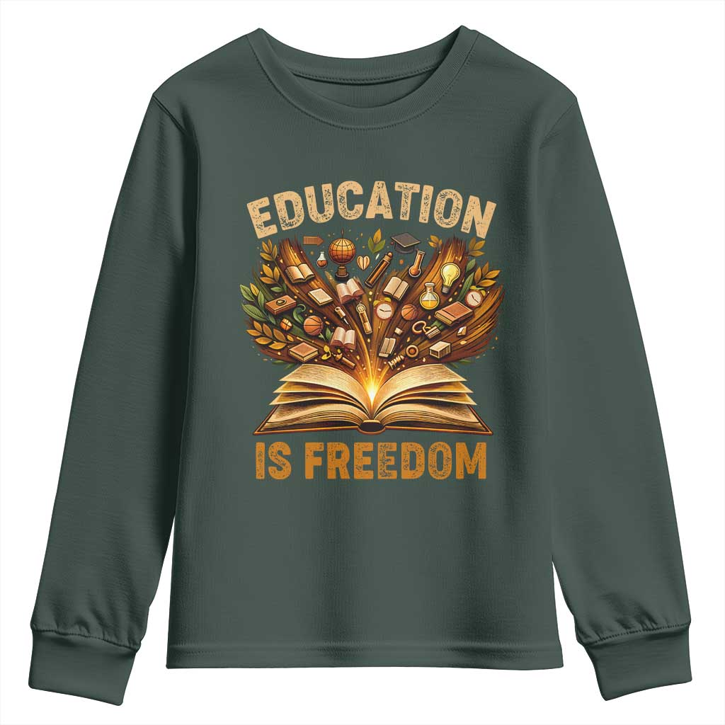 Black History Education Is Freedom Youth Sweatshirt Retro Books Afro African American Heritage TS10 Dark Forest Green Print Your Wear