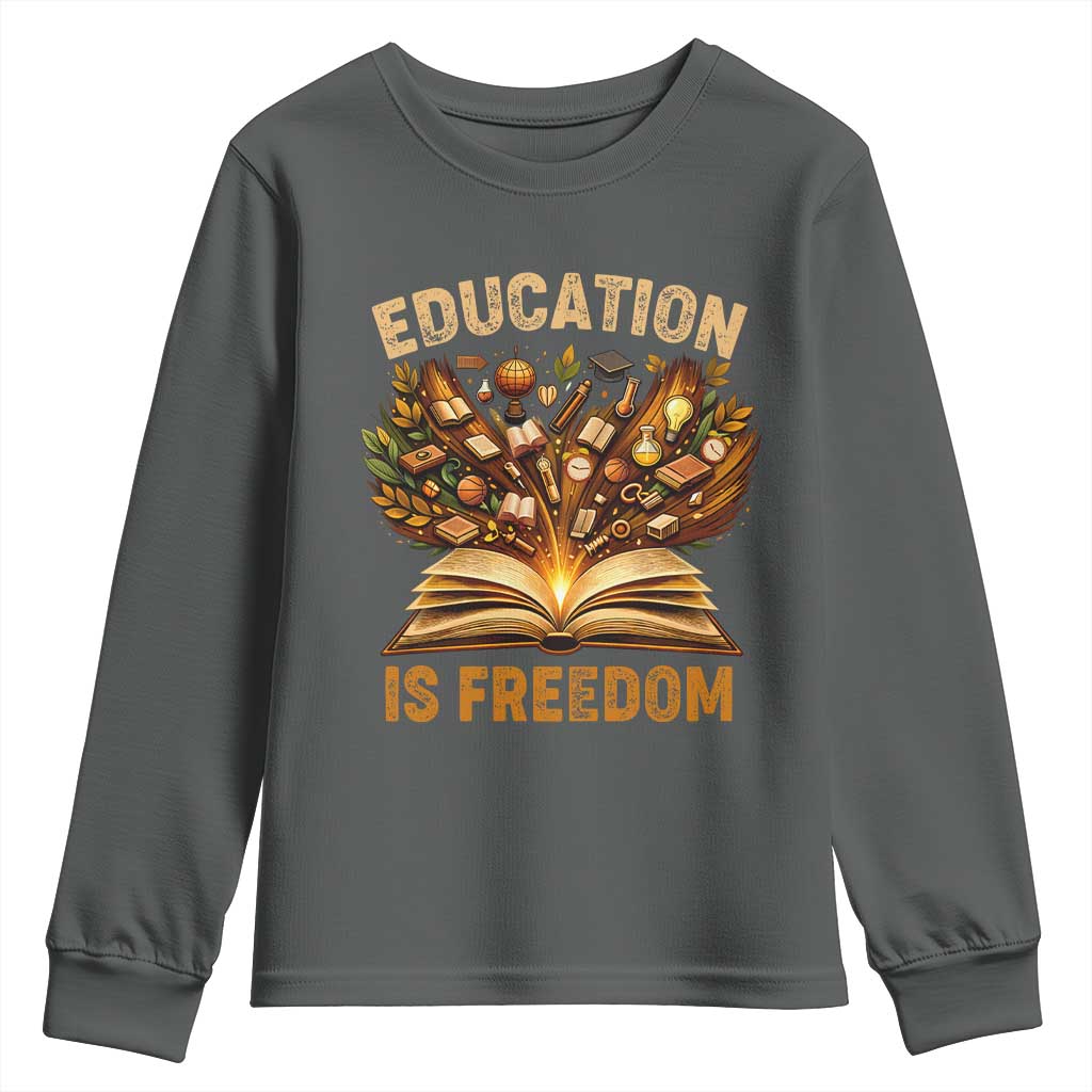 Black History Education Is Freedom Youth Sweatshirt Retro Books Afro African American Heritage TS10 Dark Heather Print Your Wear
