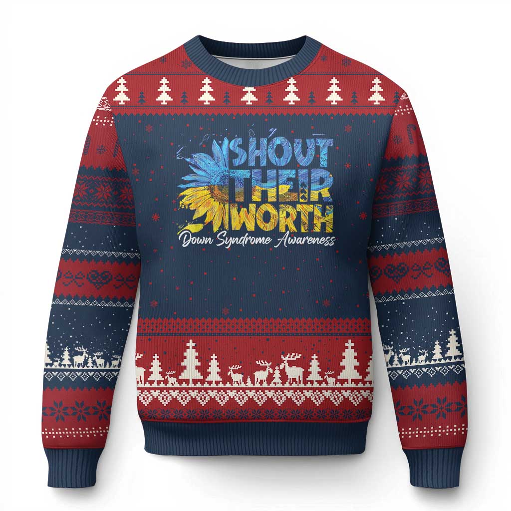 Down Syndrome Awareness Sunflower Ugly Christmas Sweater Shout Their Worth TS10 Navy Red Print Your Wear