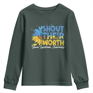 Down Syndrome Awareness Sunflower Youth Sweatshirt Shout Their Worth TS10 Dark Forest Green Print Your Wear