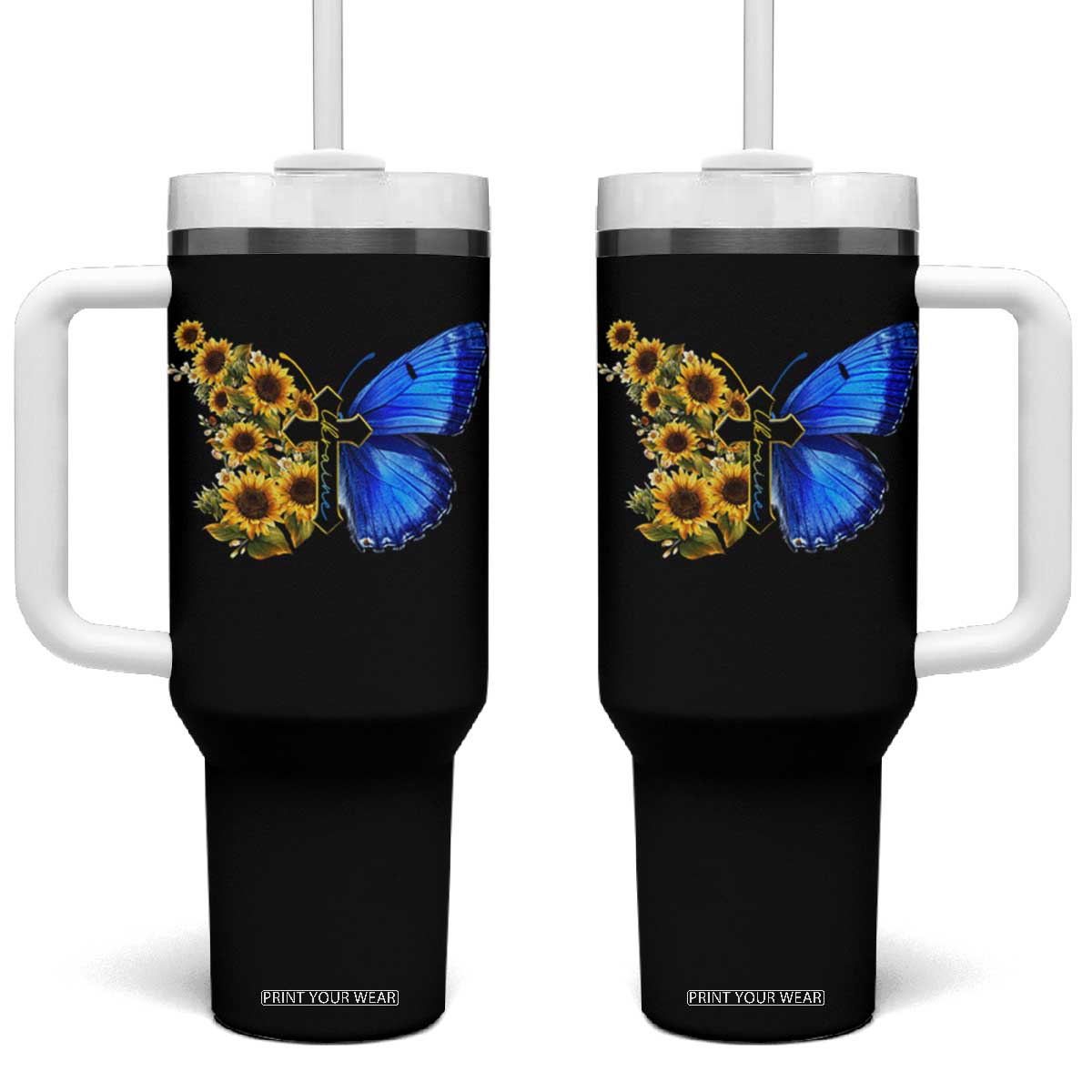 Sunflower Butterfly Ukraine Flag Tumbler With Handle TS10 One Size: 40 oz Black Print Your Wear