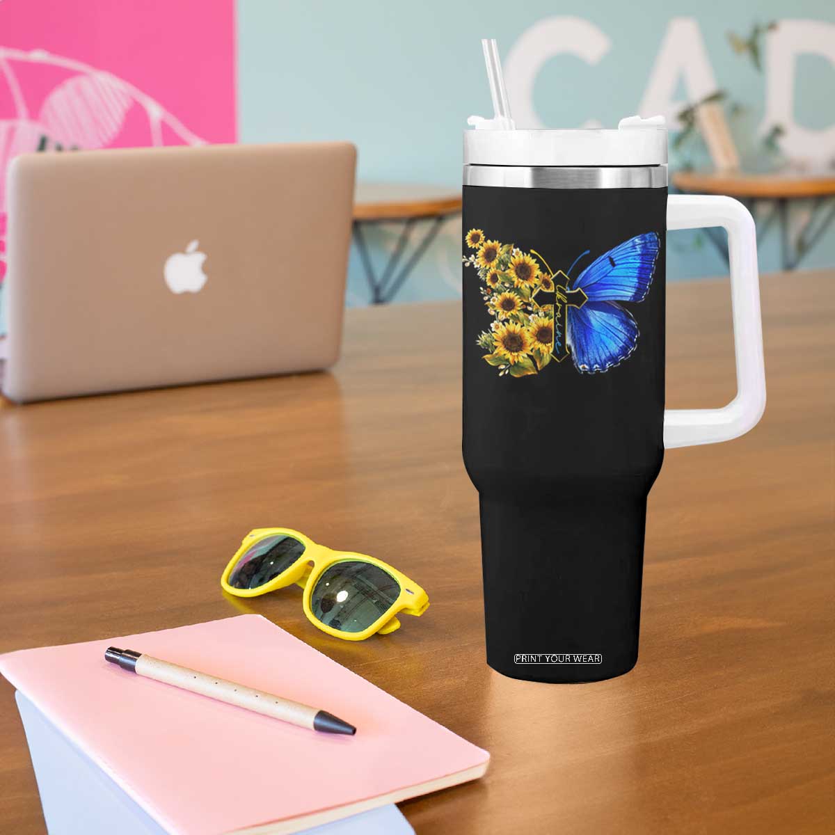 Sunflower Butterfly Ukraine Flag Tumbler With Handle TS10 Print Your Wear