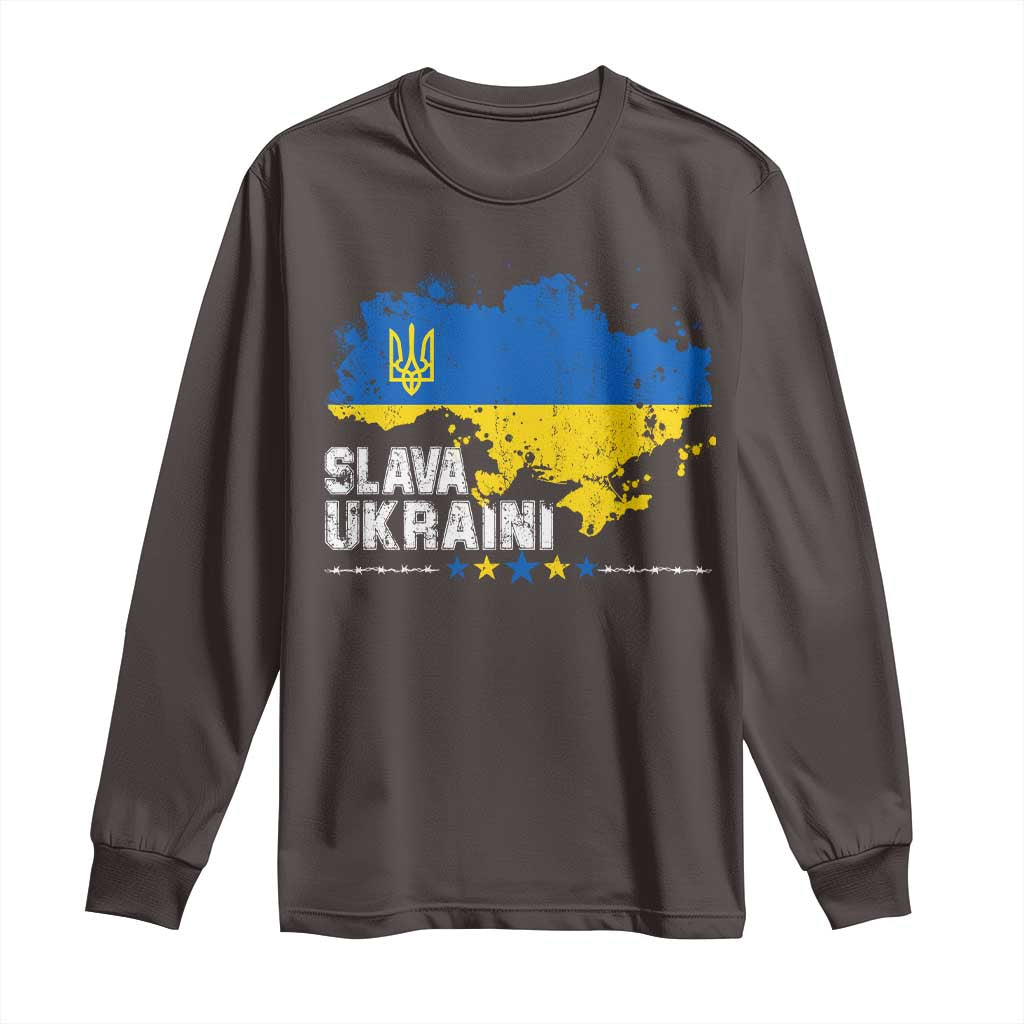 Slava Ukraini Ukraine Flag Long Sleeve Shirt Patriot Patriotic Ukrainian National Flag TS10 Dark Chocolate Print Your Wear