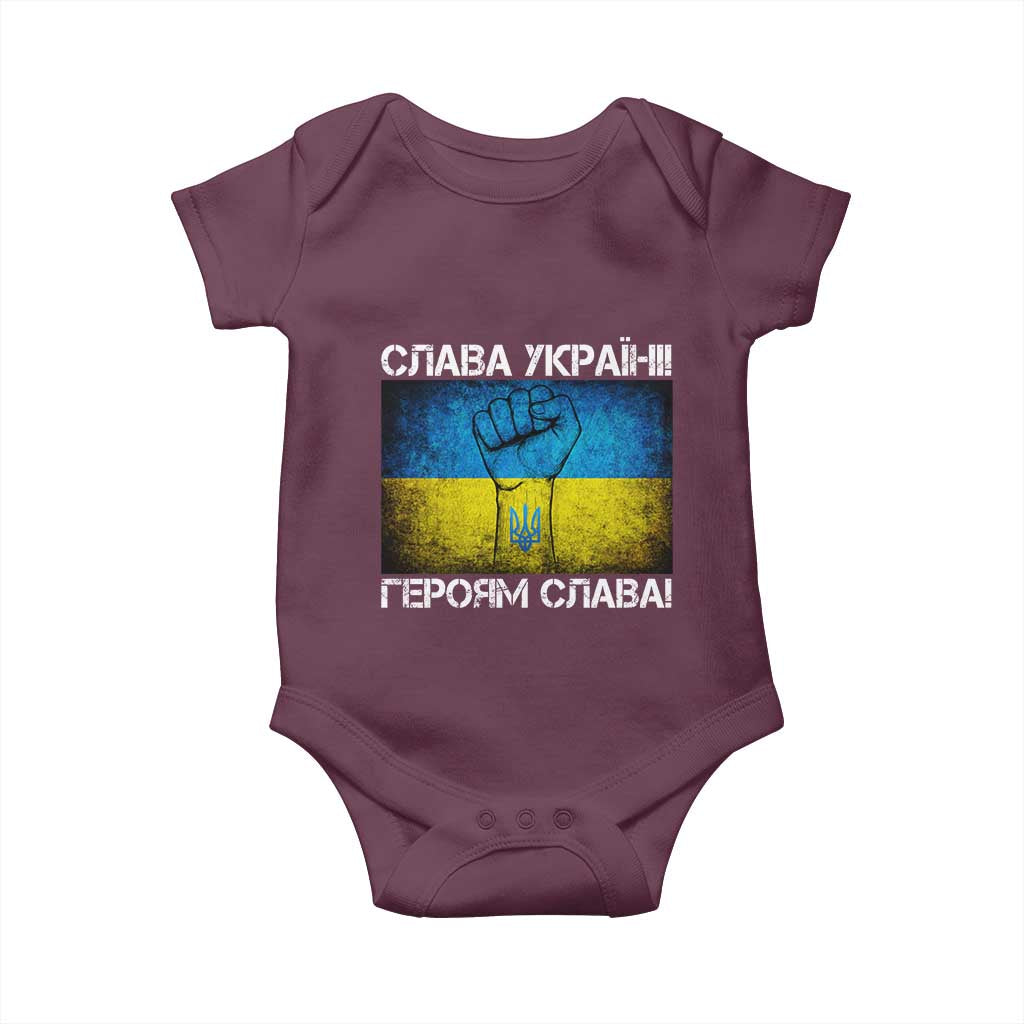 Ukraine Flag Baby Onesie Glory to the Heroes Ukrainian Patriot Patriotic TS10 Maroon Print Your Wear