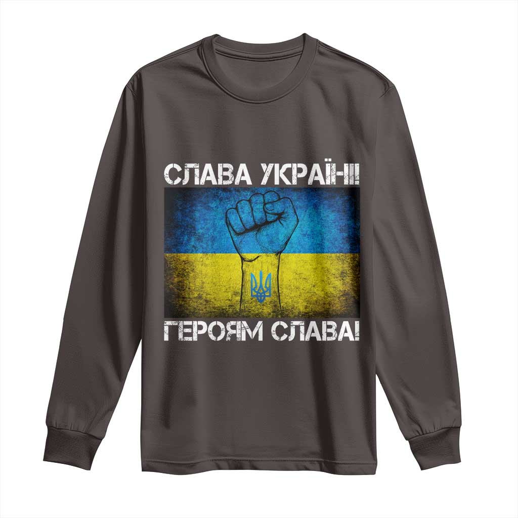 Ukraine Flag Long Sleeve Shirt Glory to the Heroes Ukrainian Patriot Patriotic TS10 Dark Chocolate Print Your Wear