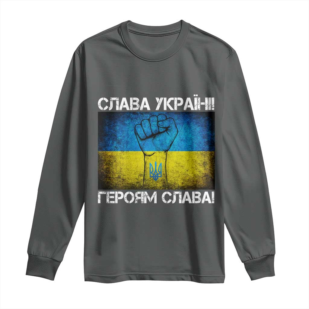 Ukraine Flag Long Sleeve Shirt Glory to the Heroes Ukrainian Patriot Patriotic TS10 Dark Heather Print Your Wear