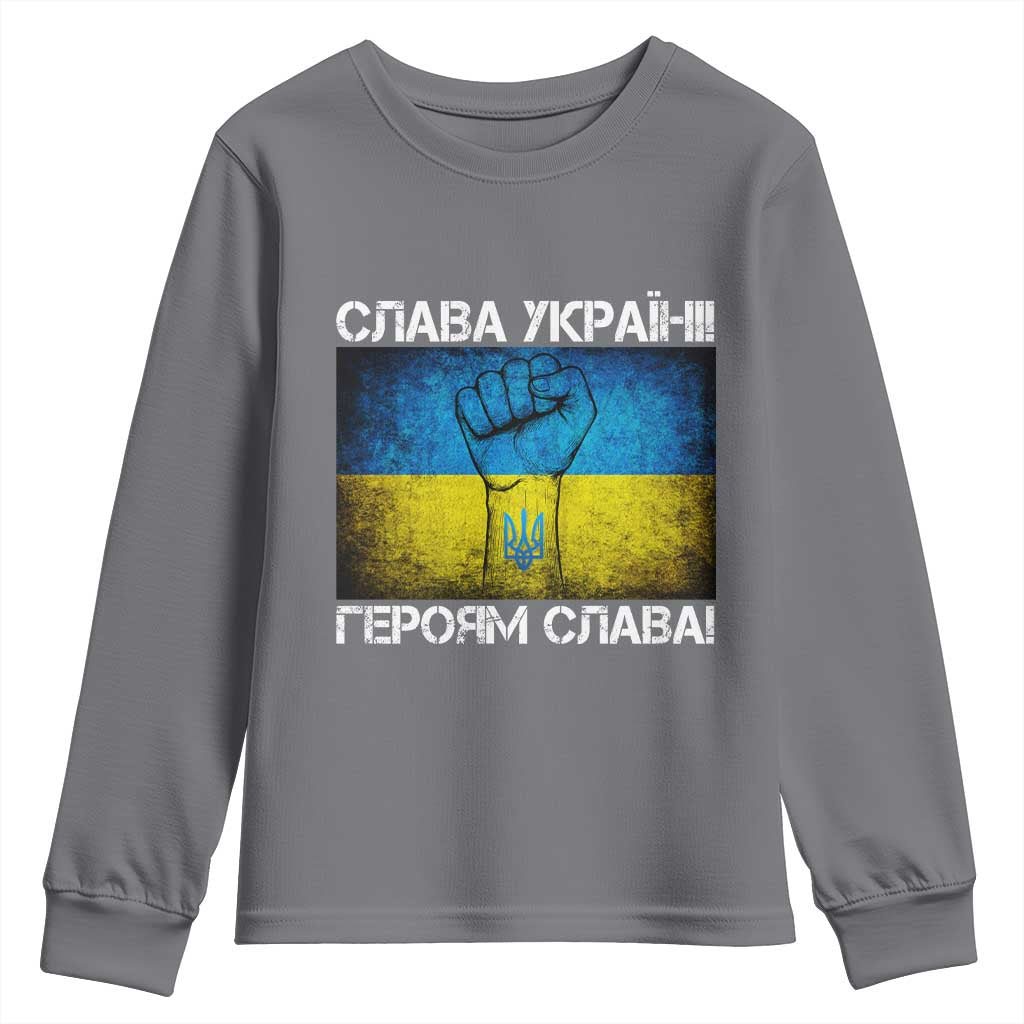 Ukraine Flag Youth Sweatshirt Glory to the Heroes Ukrainian Patriot Patriotic TS10 Charcoal Print Your Wear