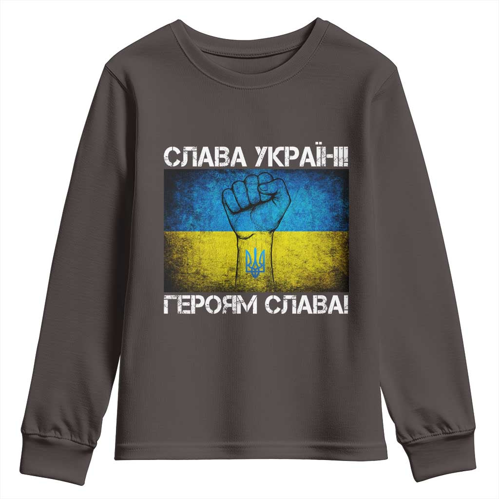 Ukraine Flag Youth Sweatshirt Glory to the Heroes Ukrainian Patriot Patriotic TS10 Dark Chocolate Print Your Wear