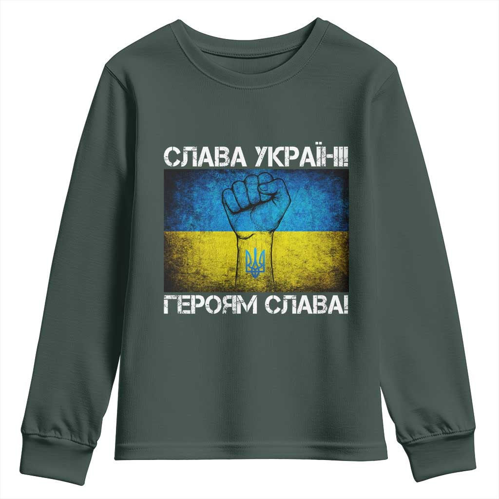 Ukraine Flag Youth Sweatshirt Glory to the Heroes Ukrainian Patriot Patriotic TS10 Dark Forest Green Print Your Wear