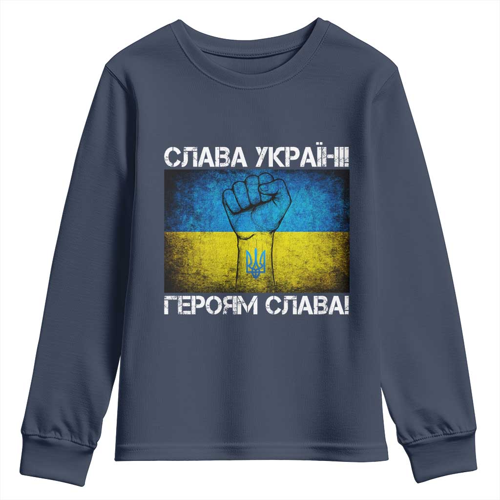 Ukraine Flag Youth Sweatshirt Glory to the Heroes Ukrainian Patriot Patriotic TS10 Navy Print Your Wear