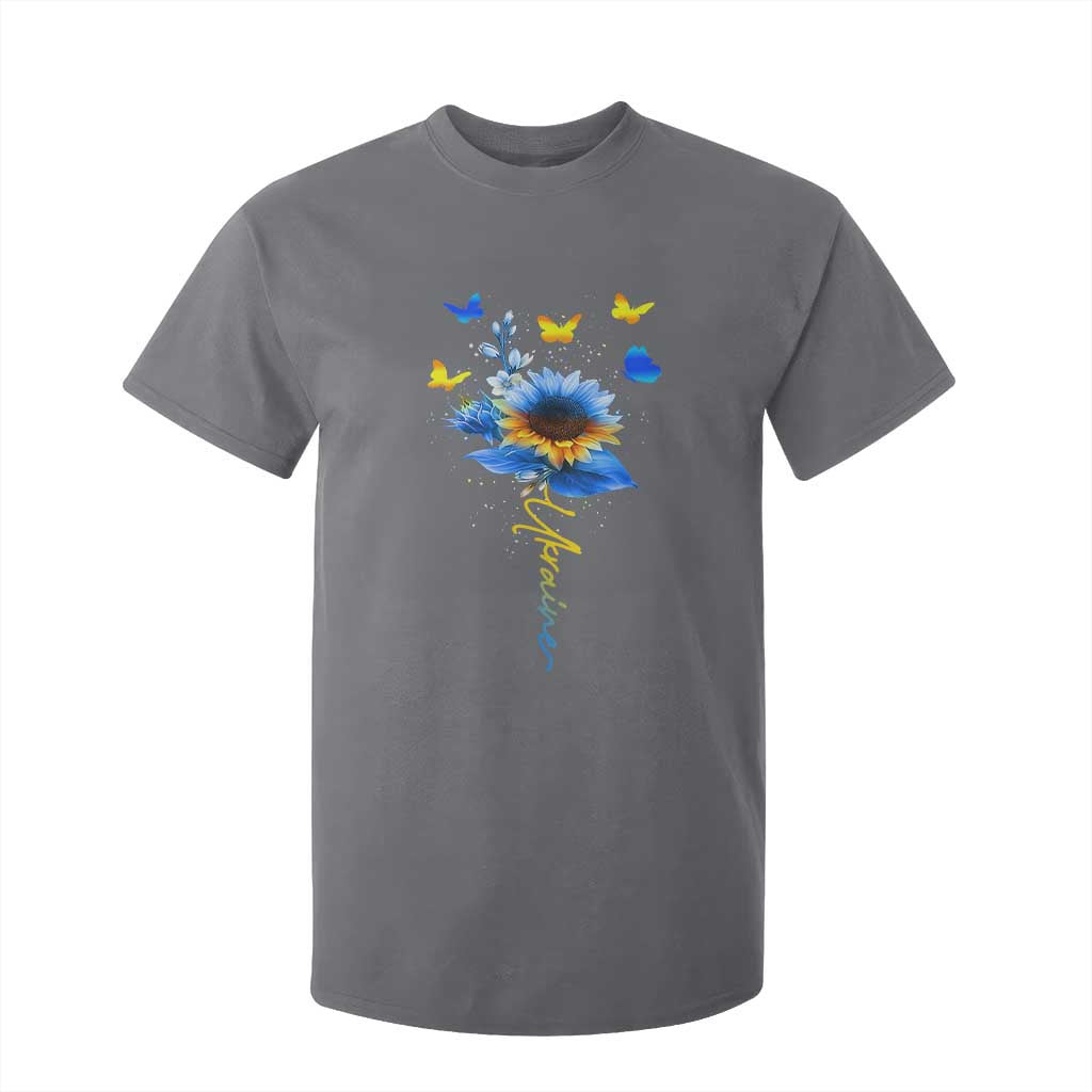 Sunflower Ukraine Flag T Shirt For Kid Ukrainian Butterflies Flowers TS10 Charcoal Print Your Wear