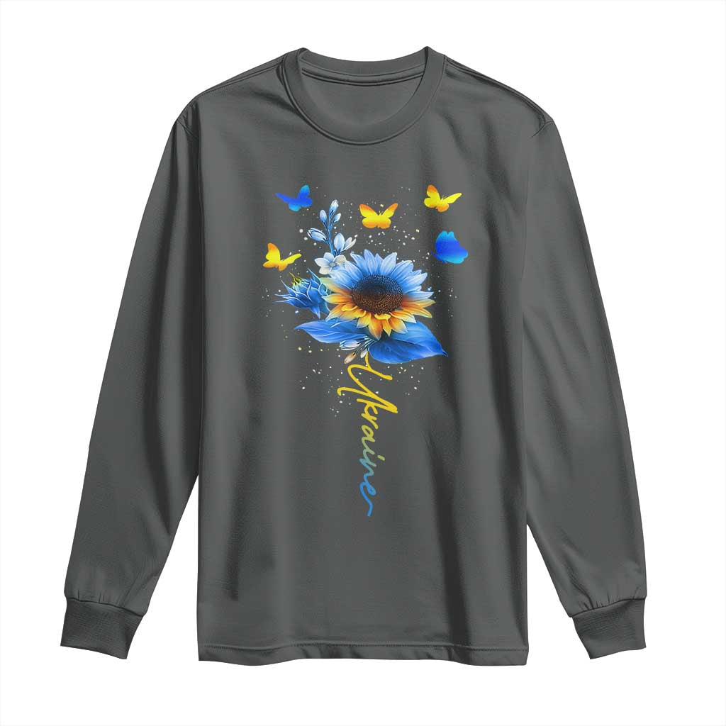 Sunflower Ukraine Flag Long Sleeve Shirt Ukrainian Butterflies Flowers TS10 Dark Heather Print Your Wear