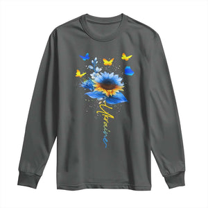 Sunflower Ukraine Flag Long Sleeve Shirt Ukrainian Butterflies Flowers TS10 Dark Heather Print Your Wear