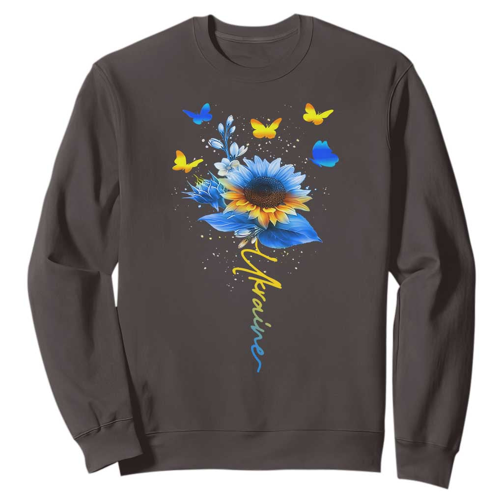 Sunflower Ukraine Flag Sweatshirt - Ukrainian Butterflies Flowers Solidarity Support Pullover TS10 Dark Chocolate Print Your Wear