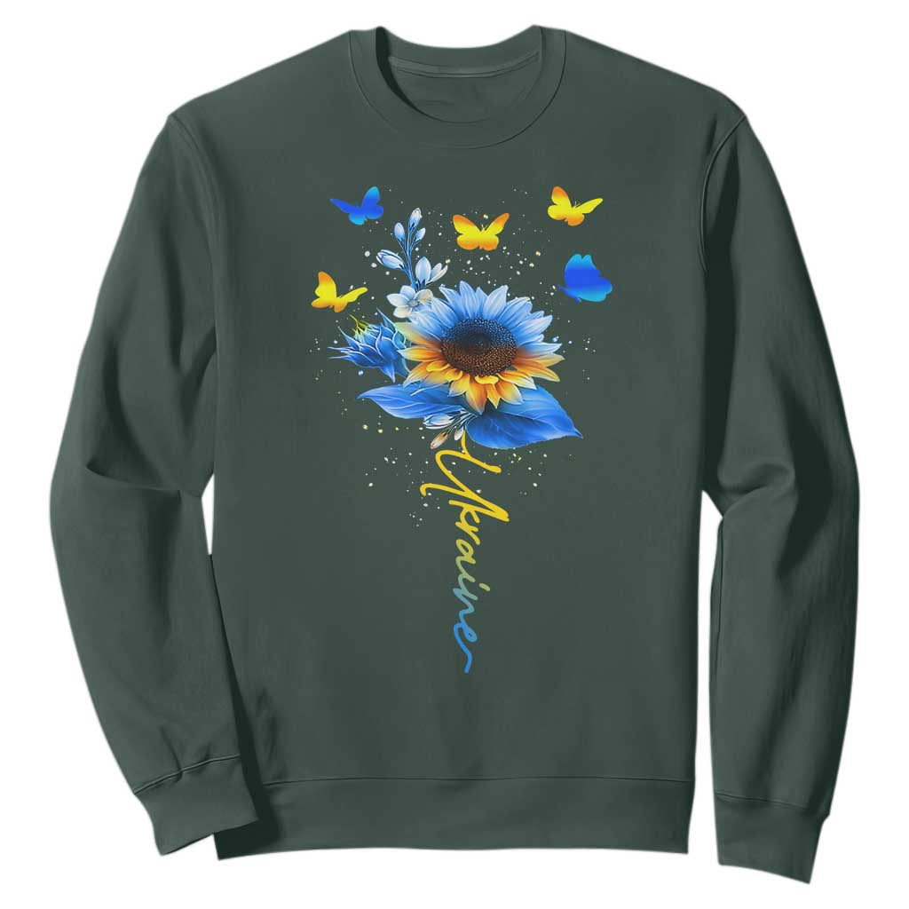 Sunflower Ukraine Flag Sweatshirt - Ukrainian Butterflies Flowers Solidarity Support Pullover TS10 Dark Forest Green Print Your Wear
