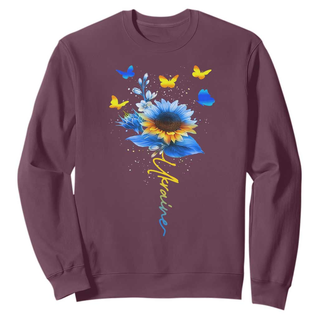 Sunflower Ukraine Flag Sweatshirt - Ukrainian Butterflies Flowers Solidarity Support Pullover TS10 Maroon Print Your Wear