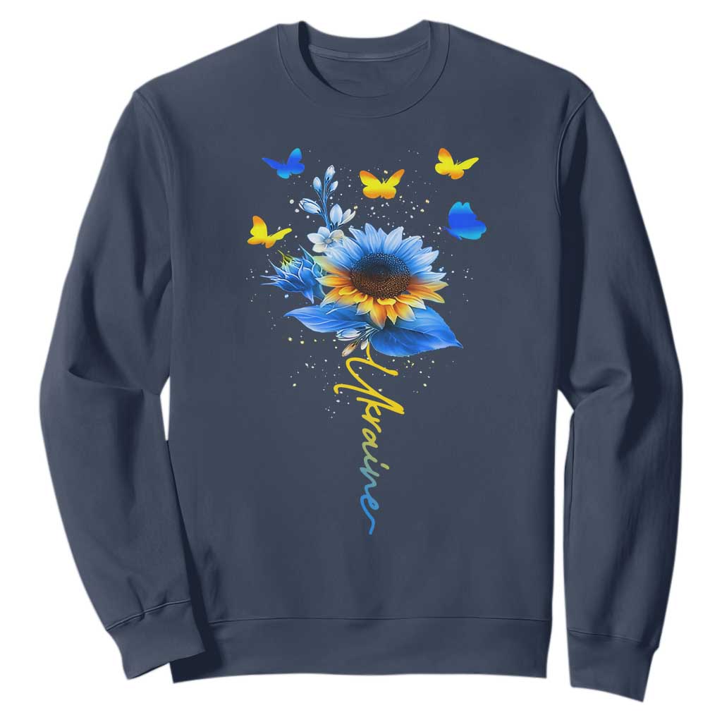 Sunflower Ukraine Flag Sweatshirt - Ukrainian Butterflies Flowers Solidarity Support Pullover TS10 Navy Print Your Wear