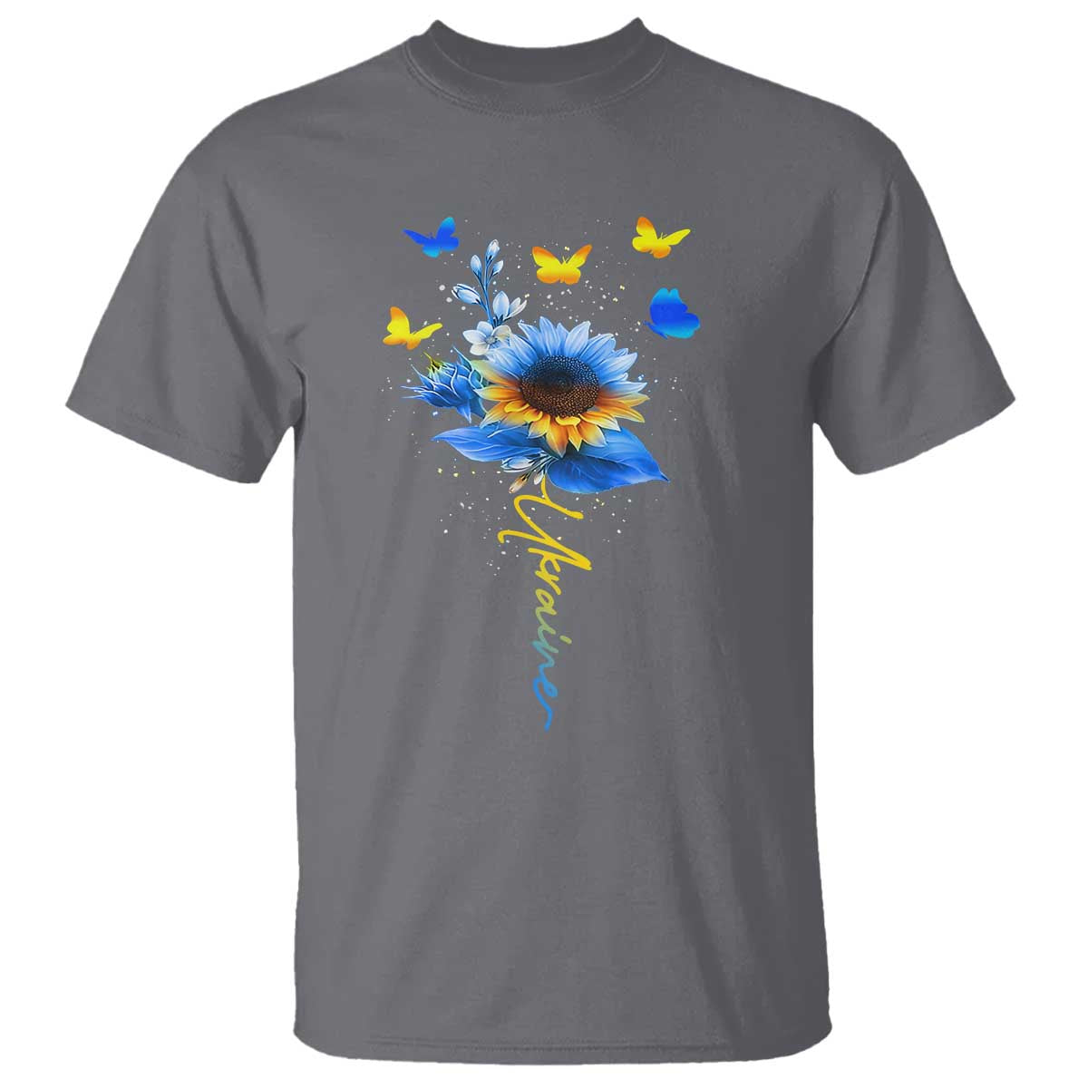 Sunflower Ukraine Flag T Shirt Ukrainian Butterflies Flowers TS10 Charcoal Print Your Wear