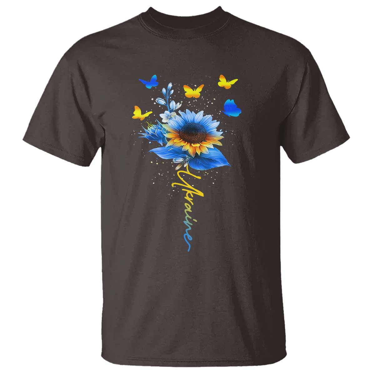 Sunflower Ukraine Flag T Shirt Ukrainian Butterflies Flowers TS10 Dark Chocolate Print Your Wear
