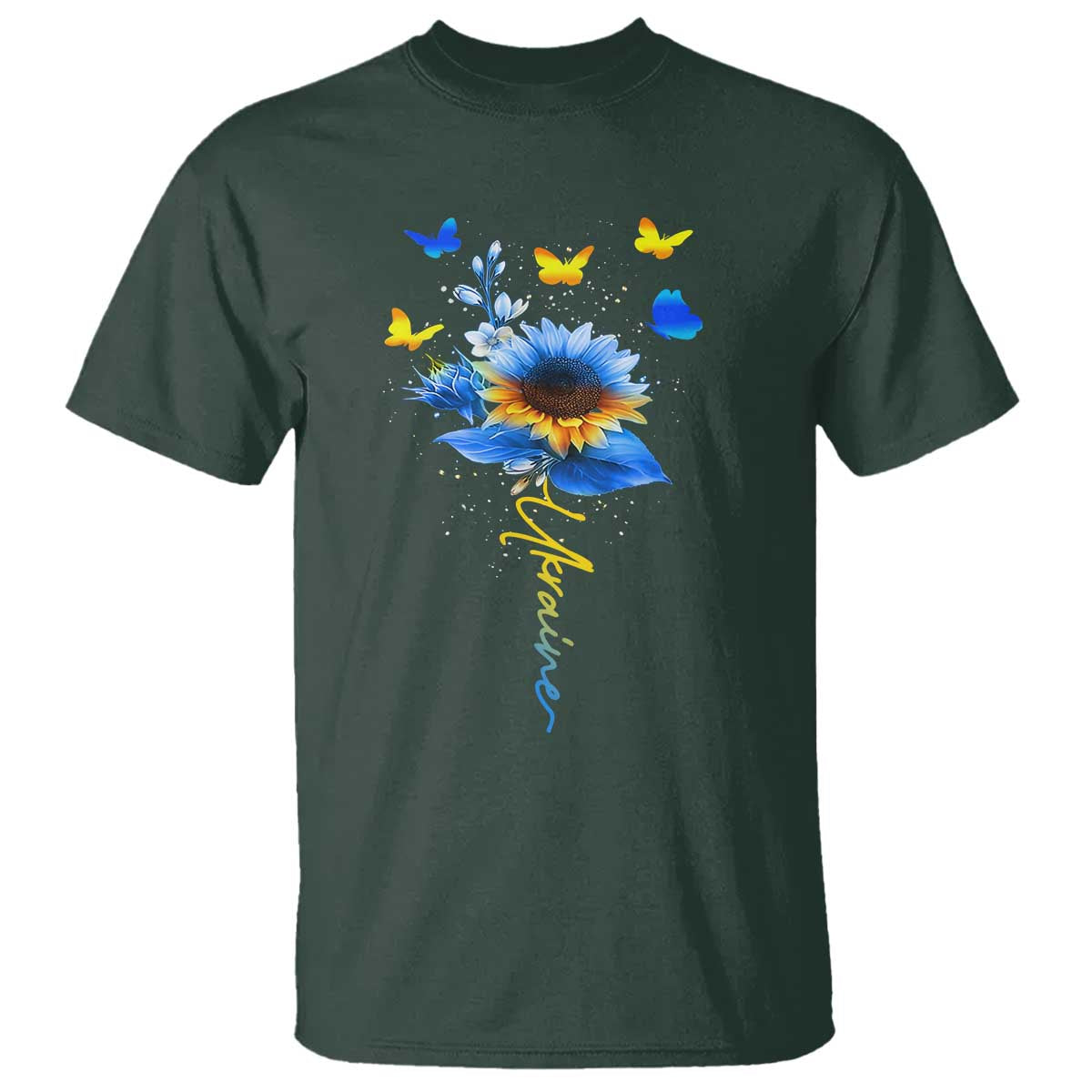 Sunflower Ukraine Flag T Shirt Ukrainian Butterflies Flowers TS10 Dark Forest Green Print Your Wear