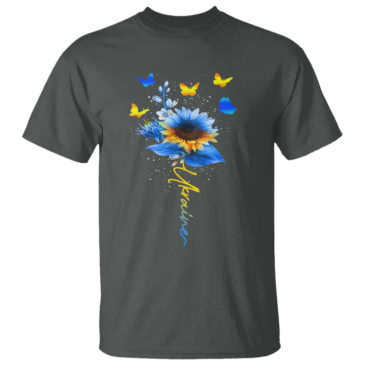 Sunflower Ukraine Flag T Shirt Ukrainian Butterflies Flowers TS10 Dark Heather Print Your Wear