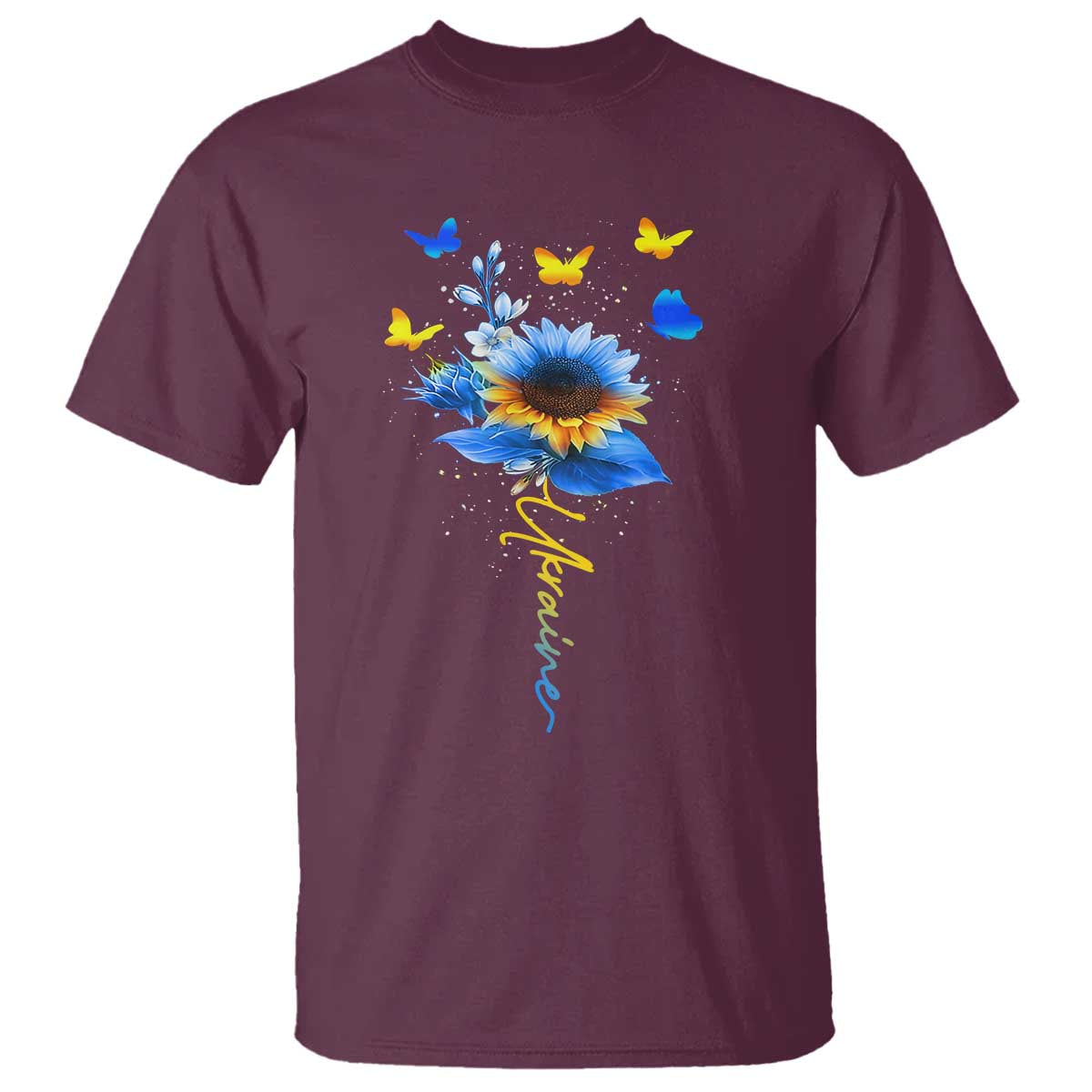 Sunflower Ukraine Flag T Shirt Ukrainian Butterflies Flowers TS10 Maroon Print Your Wear