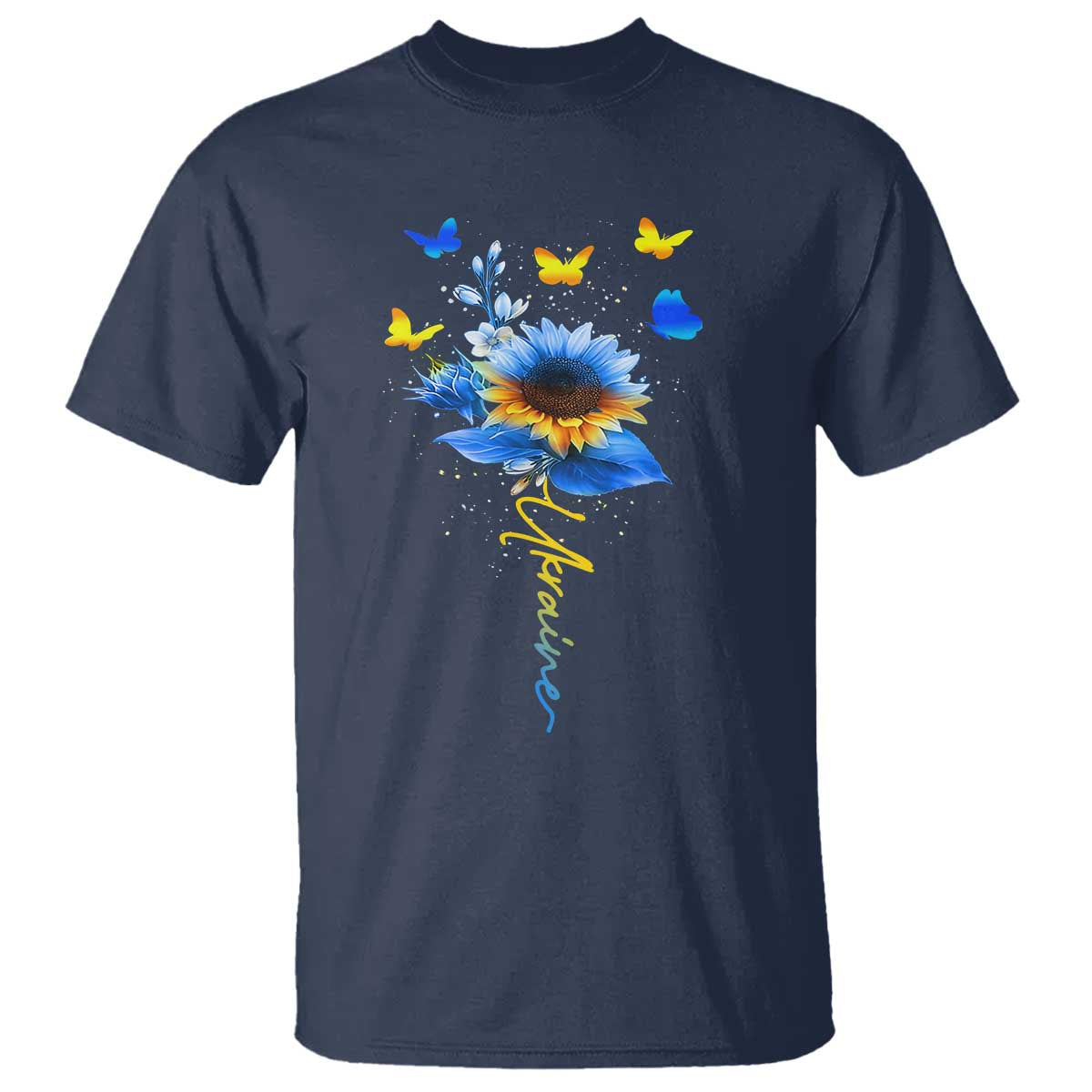 Sunflower Ukraine Flag T Shirt Ukrainian Butterflies Flowers TS10 Navy Print Your Wear