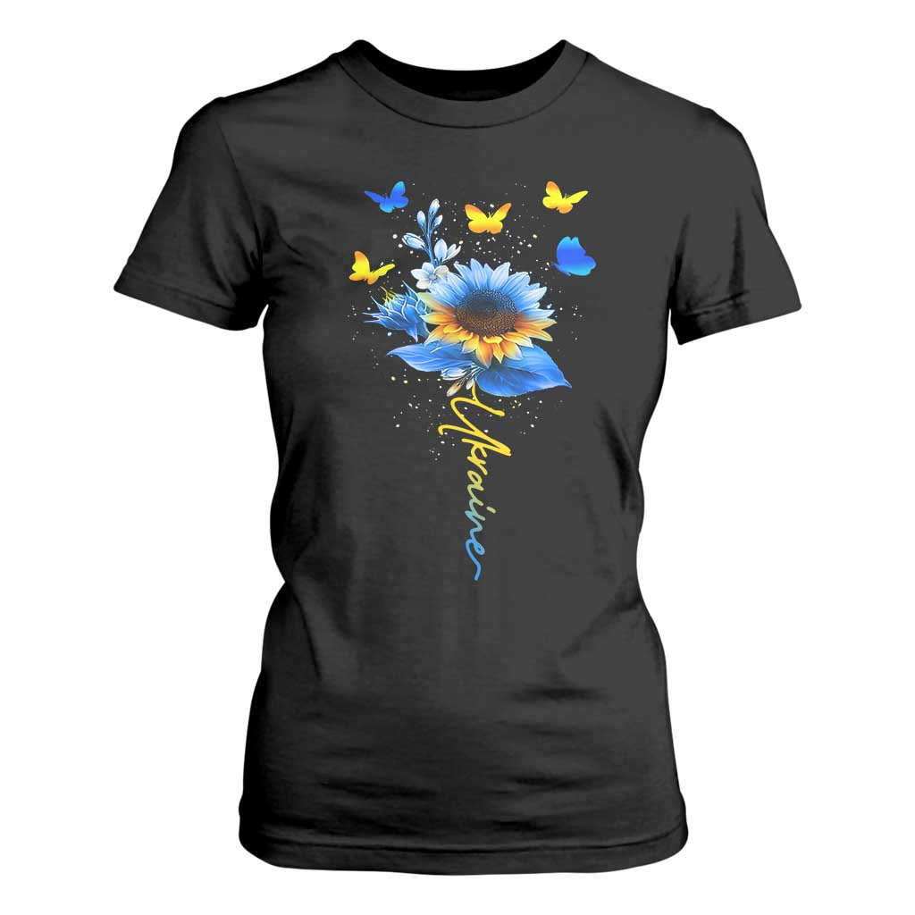 Sunflower Ukraine Flag T Shirt For Women Ukrainian Butterflies Flowers TS10 Black Print Your Wear