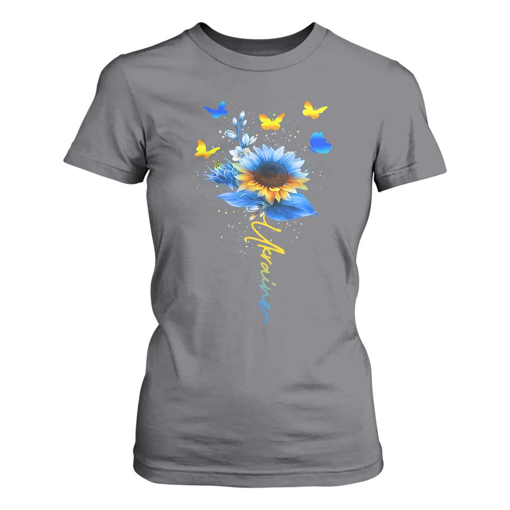 Sunflower Ukraine Flag T Shirt For Women Ukrainian Butterflies Flowers TS10 Charcoal Print Your Wear