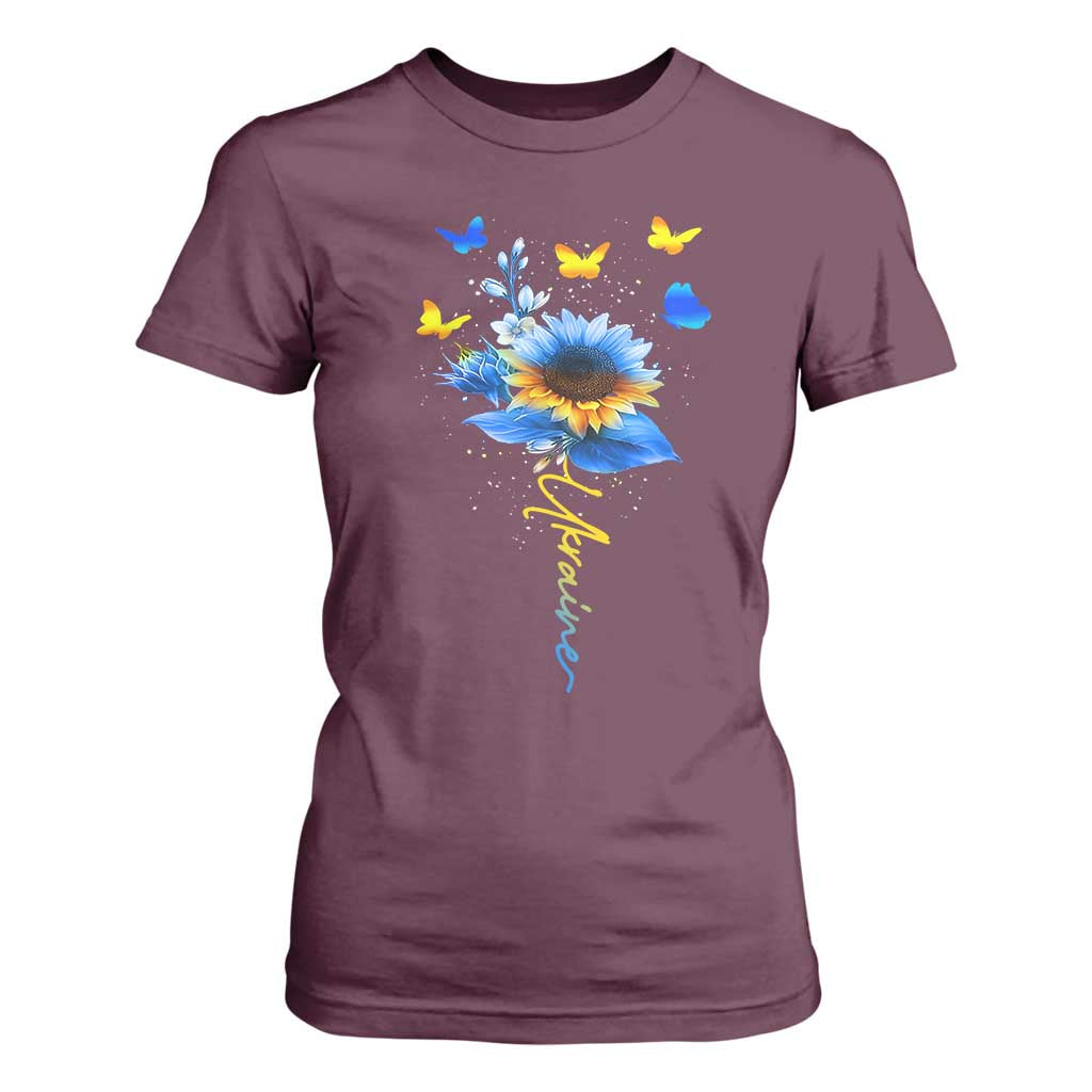 Sunflower Ukraine Flag T Shirt For Women Ukrainian Butterflies Flowers TS10 Maroon Print Your Wear