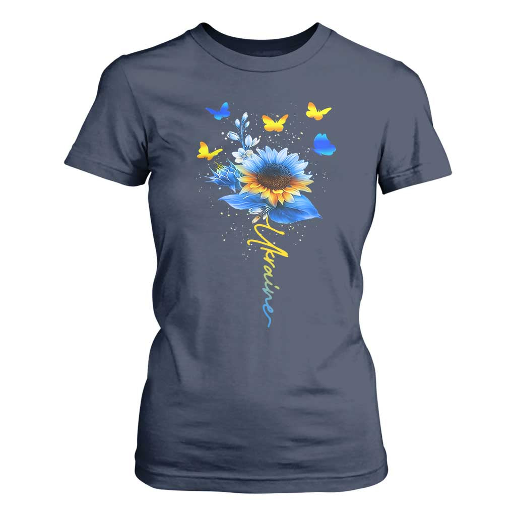 Sunflower Ukraine Flag T Shirt For Women Ukrainian Butterflies Flowers TS10 Navy Print Your Wear