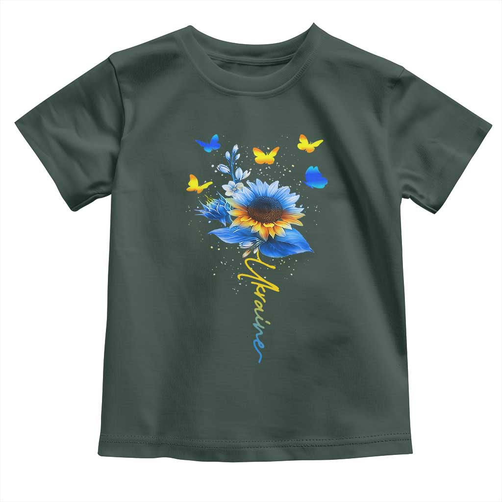 Sunflower Ukraine Flag Toddler T Shirt Ukrainian Butterflies Flowers TS10 Dark Forest Green Print Your Wear