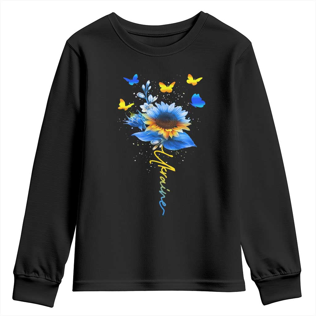 Sunflower Ukraine Flag Youth Sweatshirt Ukrainian Butterflies Flowers TS10 Black Print Your Wear