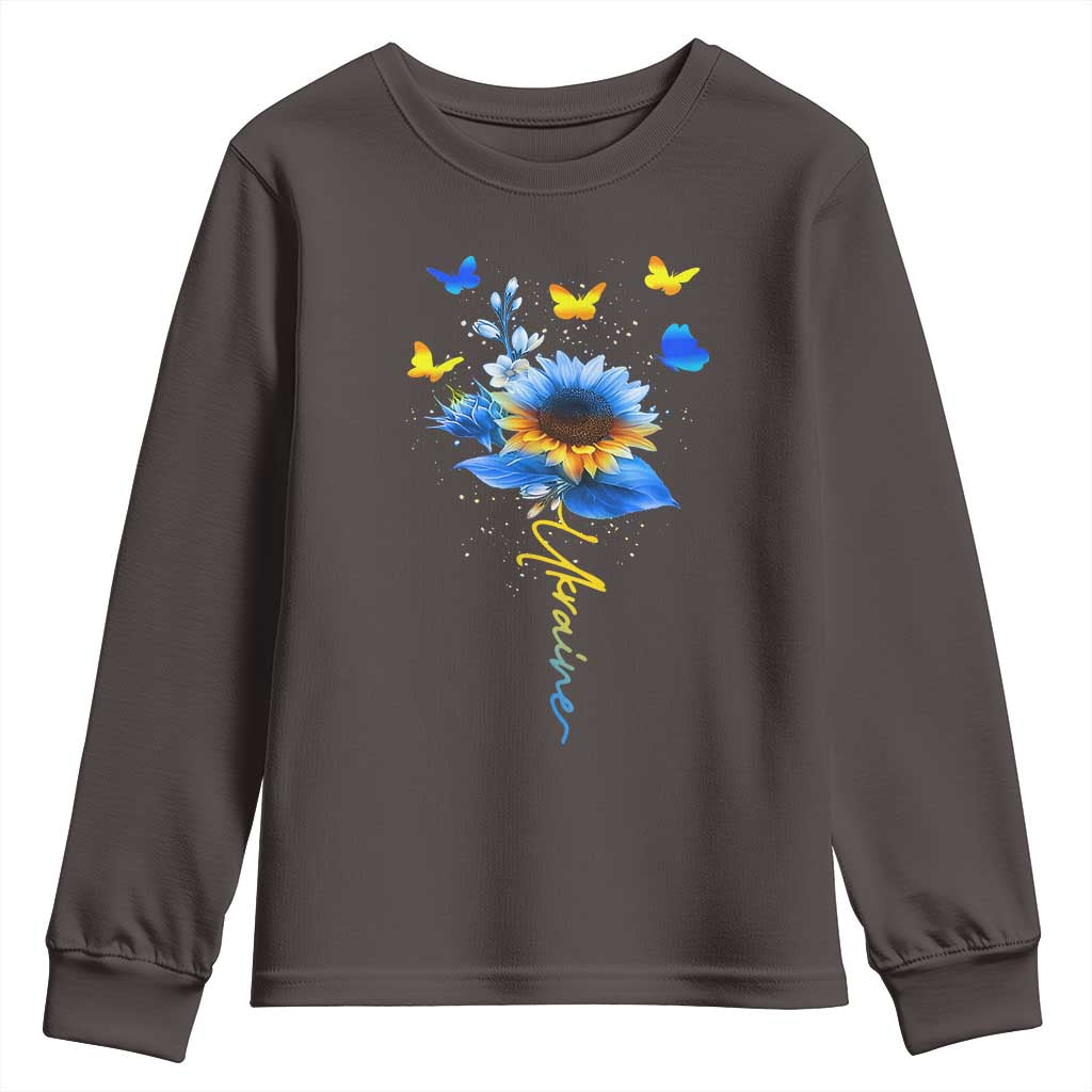 Sunflower Ukraine Flag Youth Sweatshirt Ukrainian Butterflies Flowers TS10 Dark Chocolate Print Your Wear