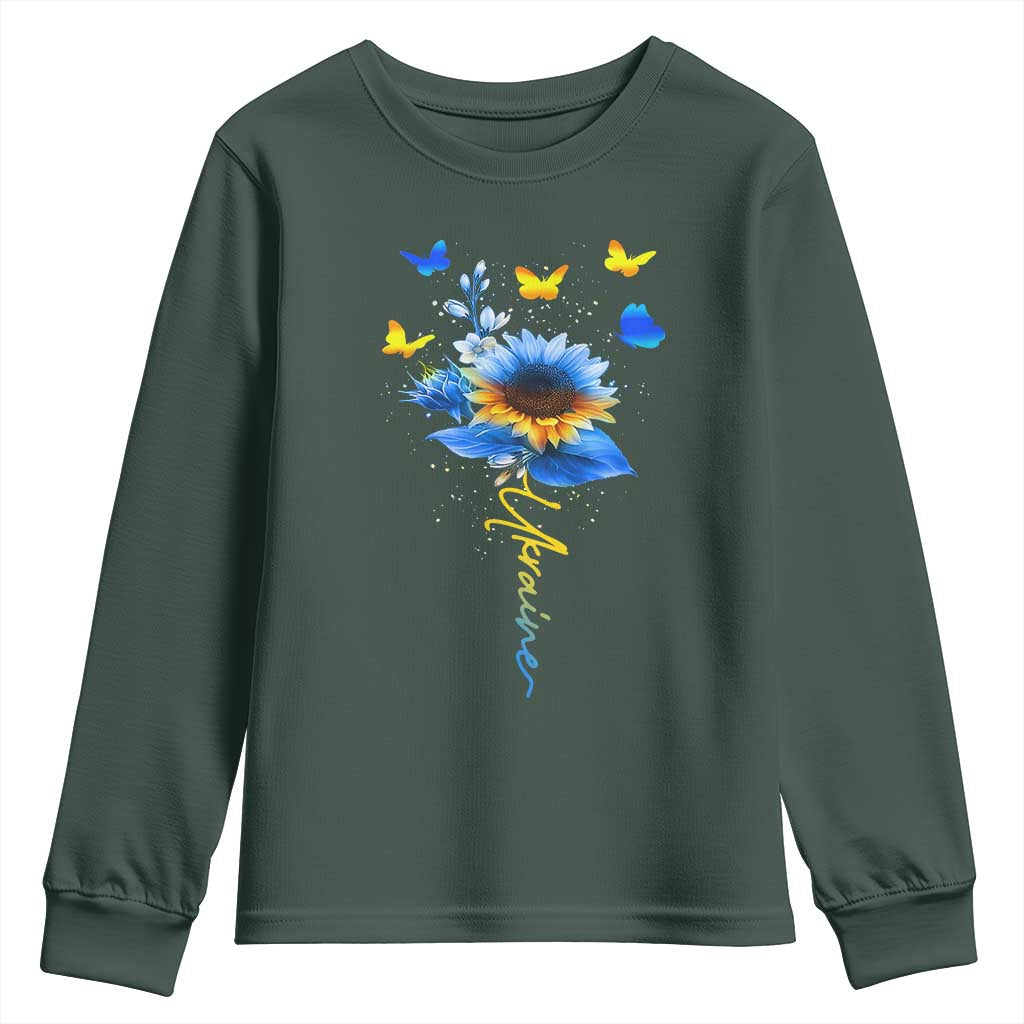 Sunflower Ukraine Flag Youth Sweatshirt Ukrainian Butterflies Flowers TS10 Dark Forest Green Print Your Wear