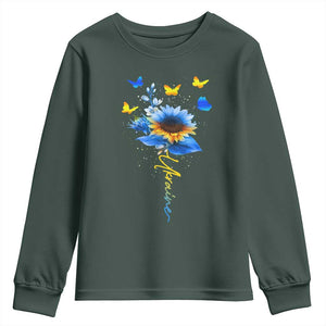 Sunflower Ukraine Flag Youth Sweatshirt Ukrainian Butterflies Flowers TS10 Dark Forest Green Print Your Wear