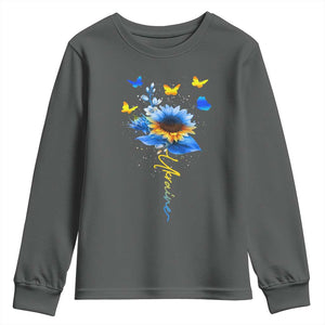 Sunflower Ukraine Flag Youth Sweatshirt Ukrainian Butterflies Flowers TS10 Dark Heather Print Your Wear