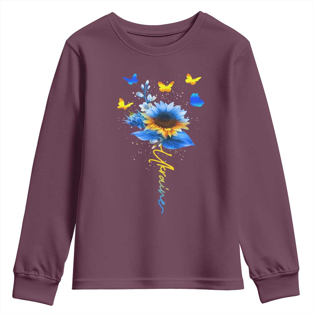 Sunflower Ukraine Flag Youth Sweatshirt Ukrainian Butterflies Flowers TS10 Maroon Print Your Wear