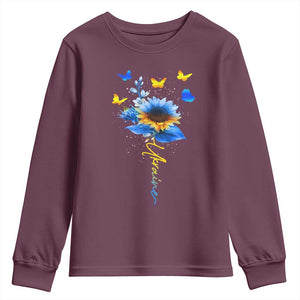Sunflower Ukraine Flag Youth Sweatshirt Ukrainian Butterflies Flowers TS10 Maroon Print Your Wear