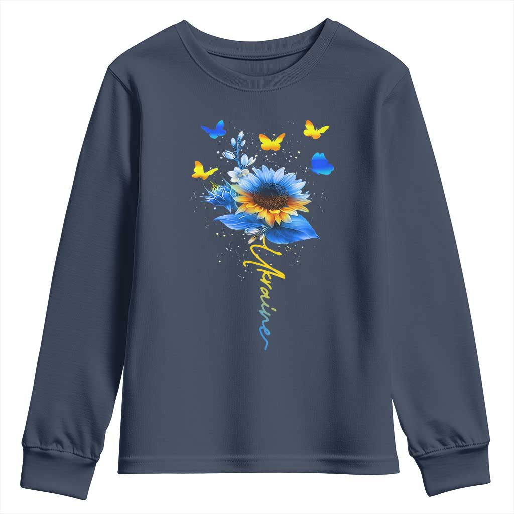 Sunflower Ukraine Flag Youth Sweatshirt Ukrainian Butterflies Flowers TS10 Navy Print Your Wear