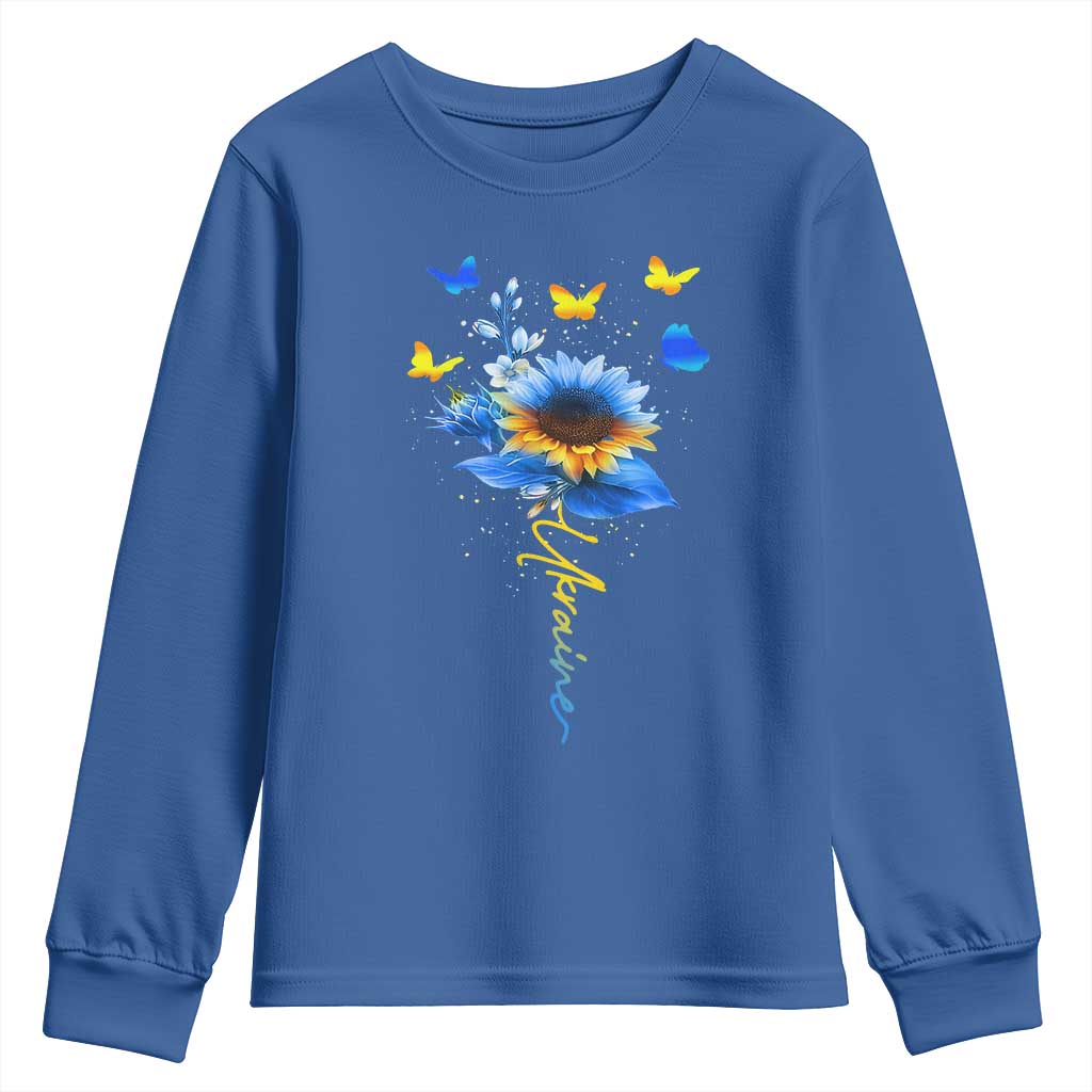Sunflower Ukraine Flag Youth Sweatshirt Ukrainian Butterflies Flowers TS10 Royal Blue Print Your Wear