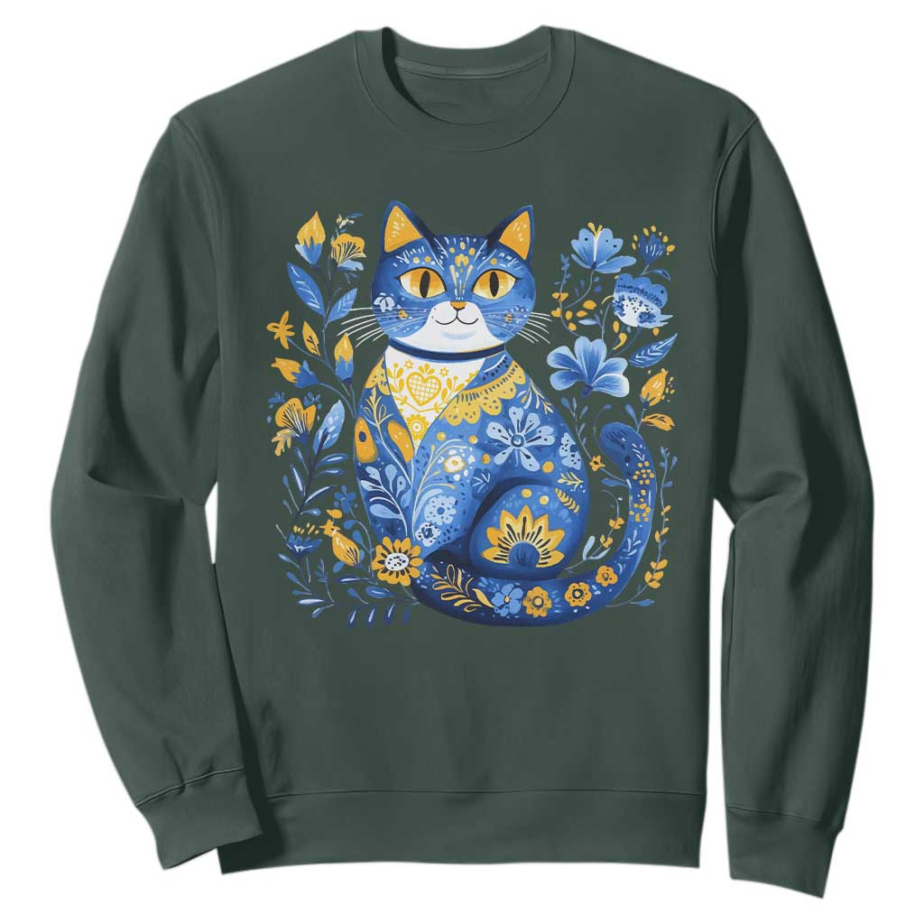 Ukraine Cat Floral Vintage Ukrainian Flag Sweatshirt TS10 Dark Forest Green Print Your Wear