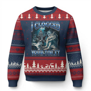 Alpha Wolf Meme Ugly Christmas Sweater I Clogged Your Toilet Funny Unhinged Stupid Brainrot TS10 Navy Red Print Your Wear