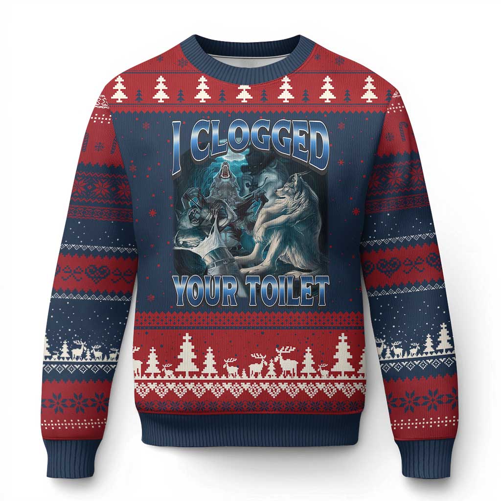 Alpha Wolf Meme Ugly Christmas Sweater I Clogged Your Toilet Funny Unhinged Stupid Brainrot TS10 Navy Red Print Your Wear